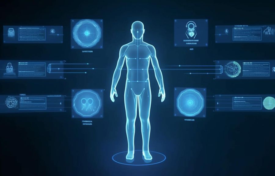 Ilustração de corpo humano sendo escaneado.