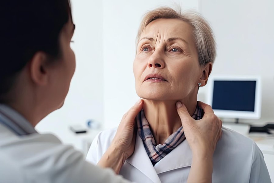 Médica examinando pescoço de mulher