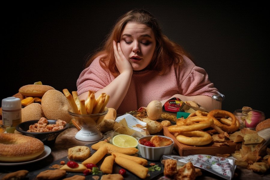 Mulher obesa diante de mesa repleta de alimentos calóricos.